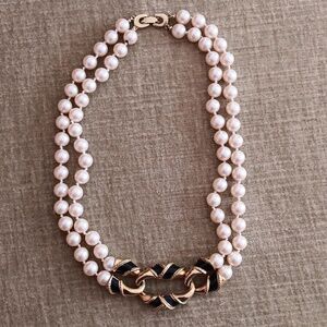 Black Gold Tone Pearl Knotted Strand Necklace